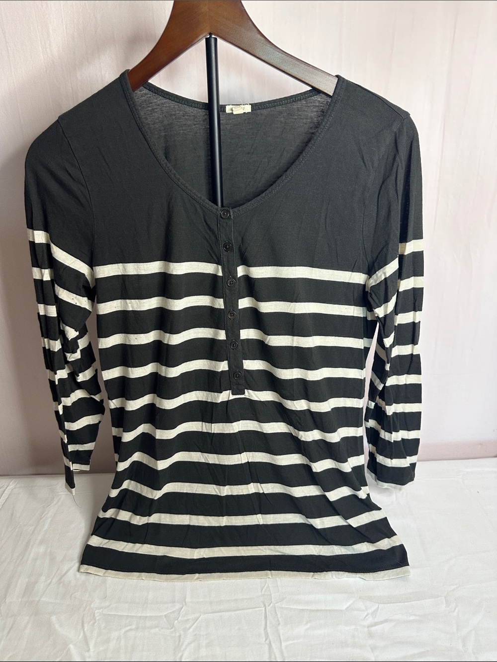 J. Crew Black and White Striped Long Sleeve Henley